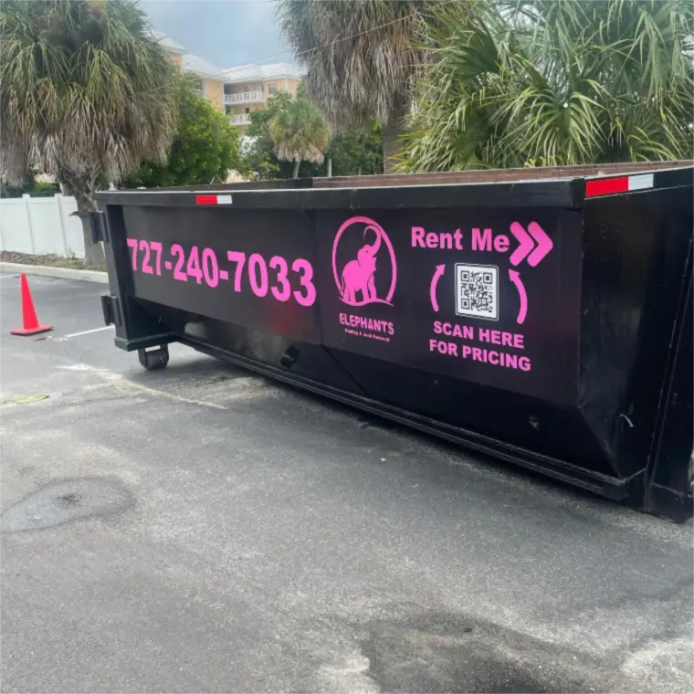 Black Elephants roll-off dumpster with the phone number on the side, placed on a residential driveway